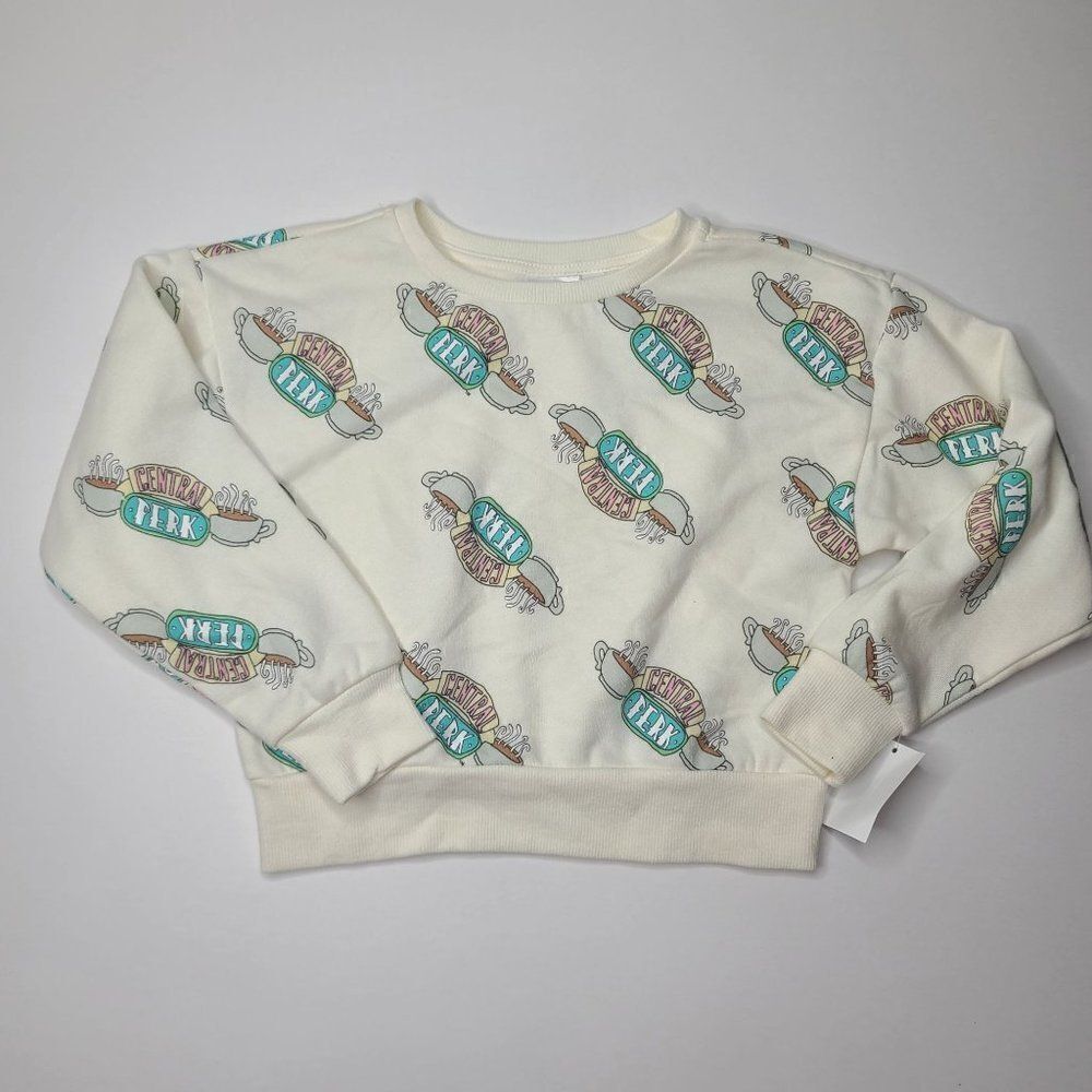 Girls Friends Central Perk Cropped Pullover Sweatshirt Off-White NEW